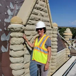 Shae Madone of Mountain Masonry inspecting a historical preservation masonry project in Cañon City, Colorado
